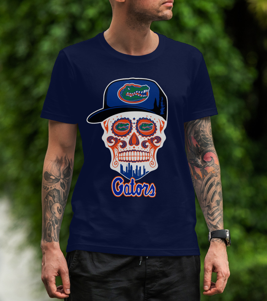 Florida Gators Skull With Alligator Logo And Hat Blue Orange T-Shirt