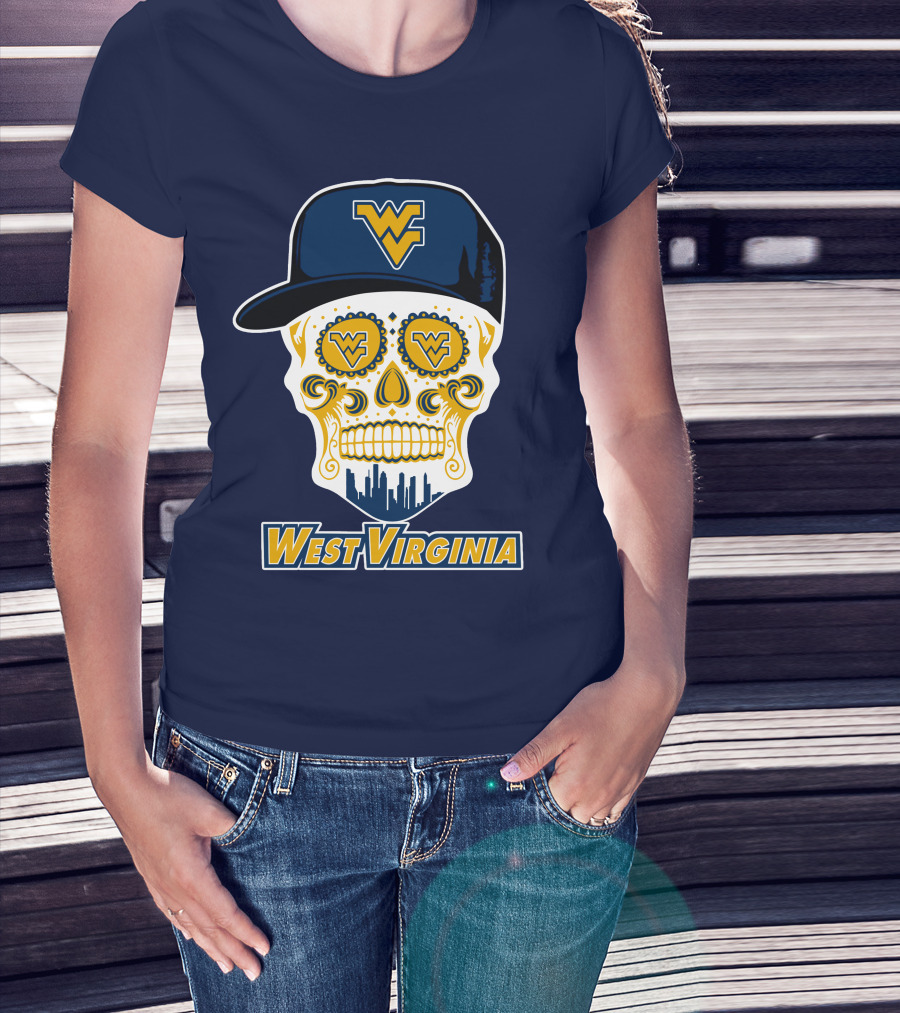 West Virginia Mountaineers Skull Design With Wv Cap And Skyline T-Shirt
