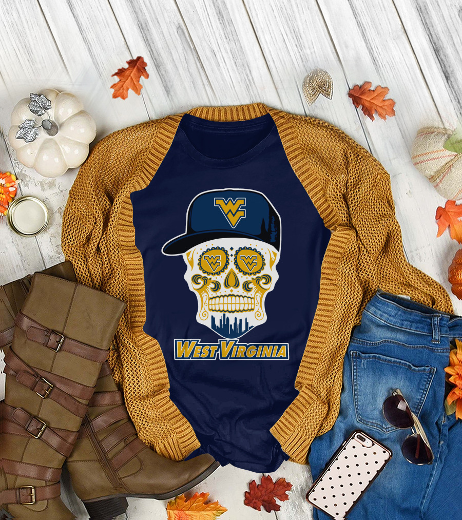 West Virginia Mountaineers Skull Design With Wv Cap And Skyline T-Shirt