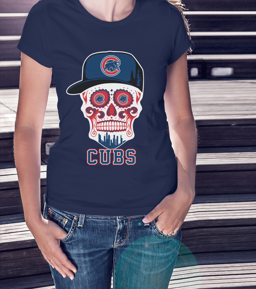 Chicago Cubs Skull With Cap Cityscape Fun T-Shirt