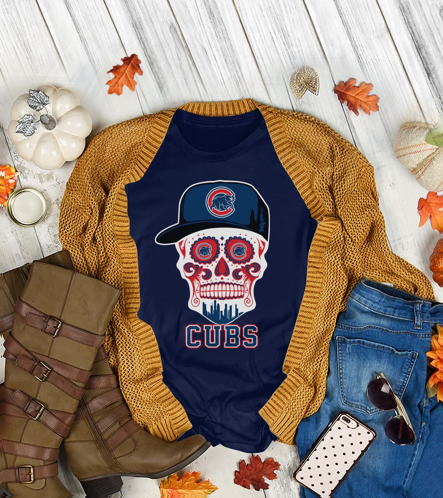Chicago Cubs Skull With Cap Cityscape Fun T-Shirt