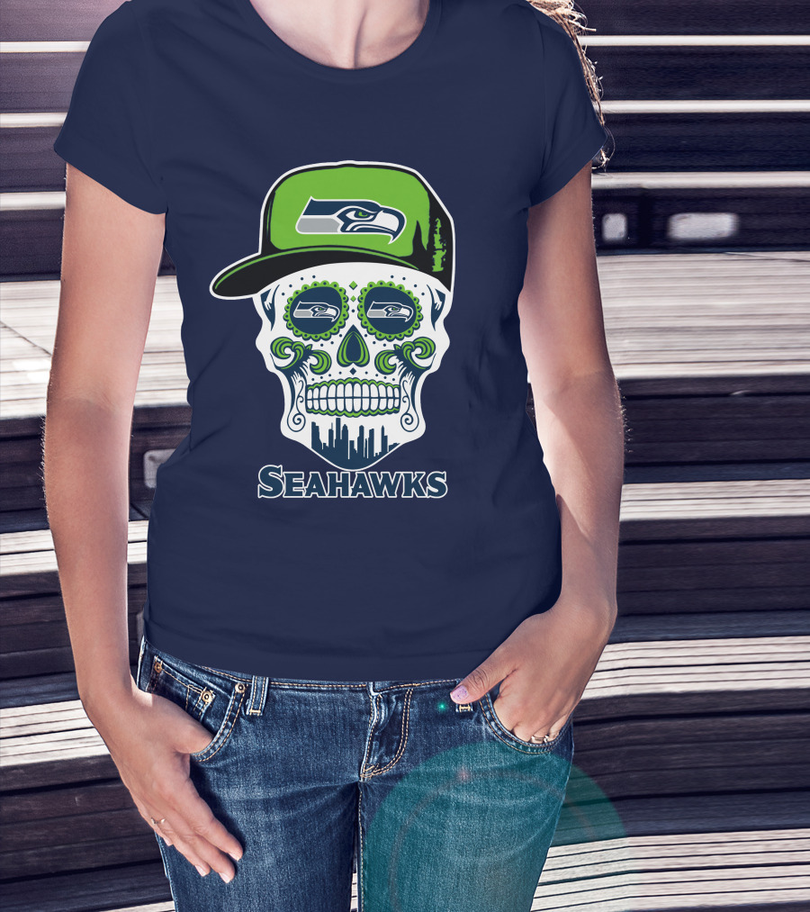 Seattle Seahawks Skull Art With Team Logo And Skyline T-Shirt