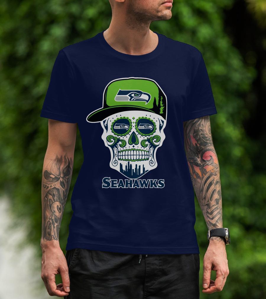 Seattle Seahawks Skull Art With Team Logo And Skyline T-Shirt