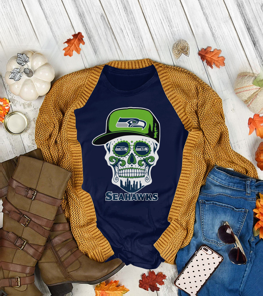 Seattle Seahawks Skull Art With Team Logo And Skyline T-Shirt