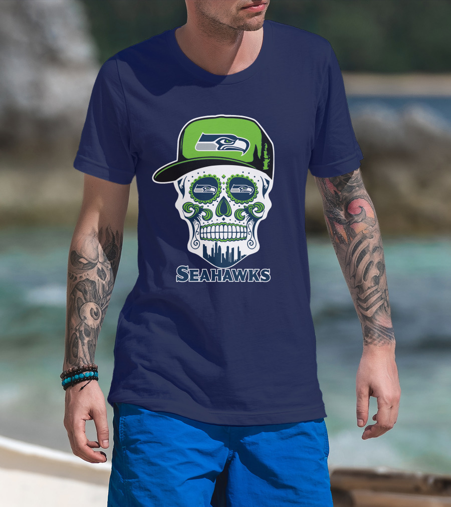 Seattle Seahawks Skull Art With Team Logo And Skyline T-Shirt
