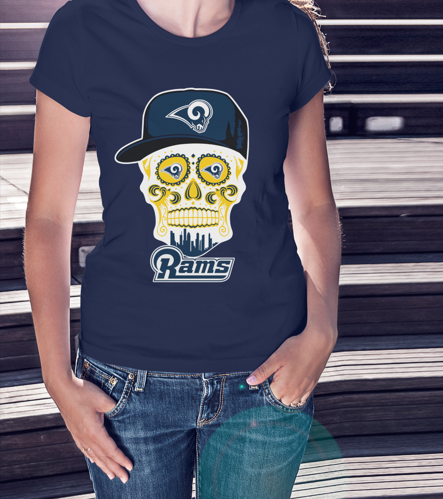 Los Angeles Rams Skull Iconic Rams Logo In Cap Funny T-Shirt