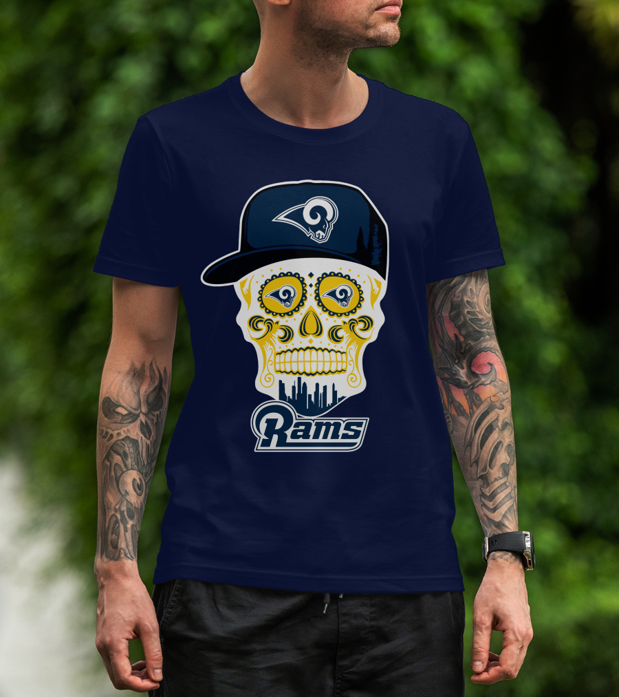 Los Angeles Rams Skull Iconic Rams Logo In Cap Funny T-Shirt