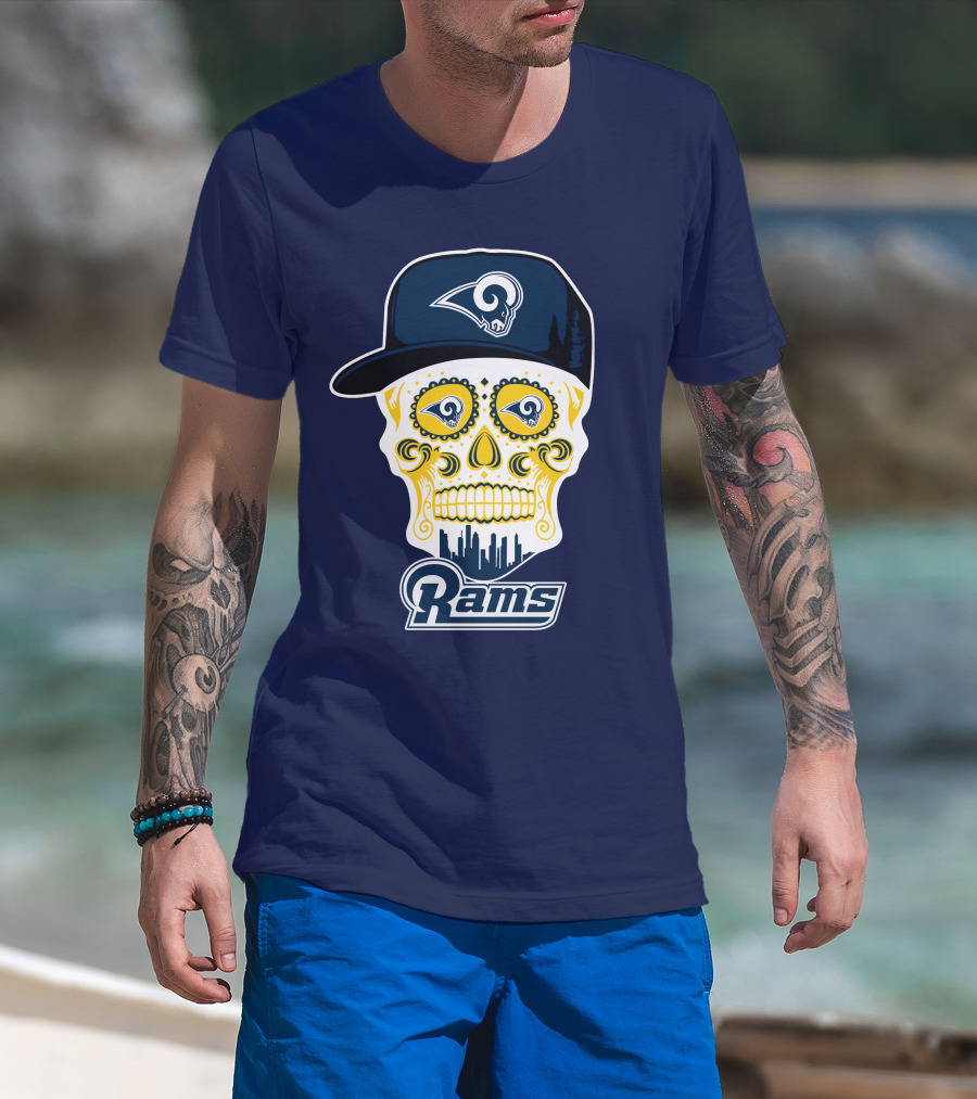 Los Angeles Rams Skull Iconic Rams Logo In Cap Funny T-Shirt