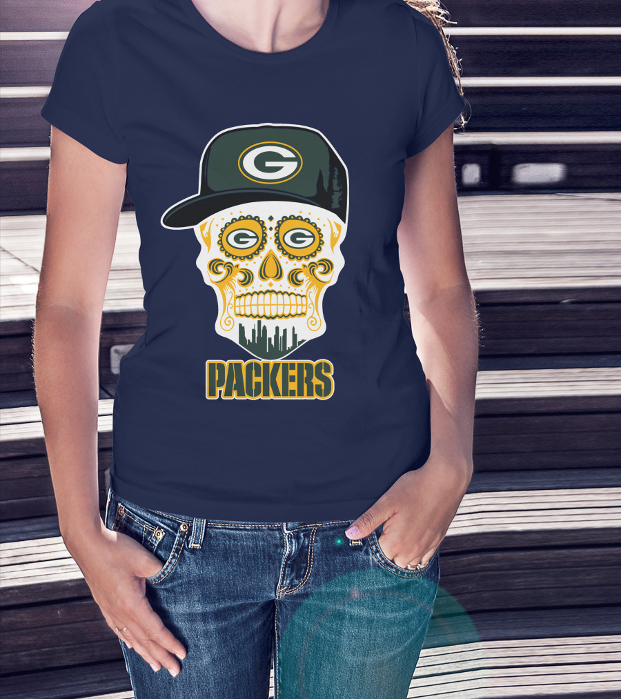 Green Bay Packers Skull Cityscape Hat T-Shirt
