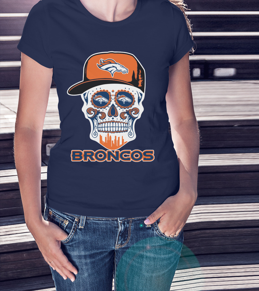 Denver Broncos Skull Funny Sugar Skull Face Cap T-Shirt
