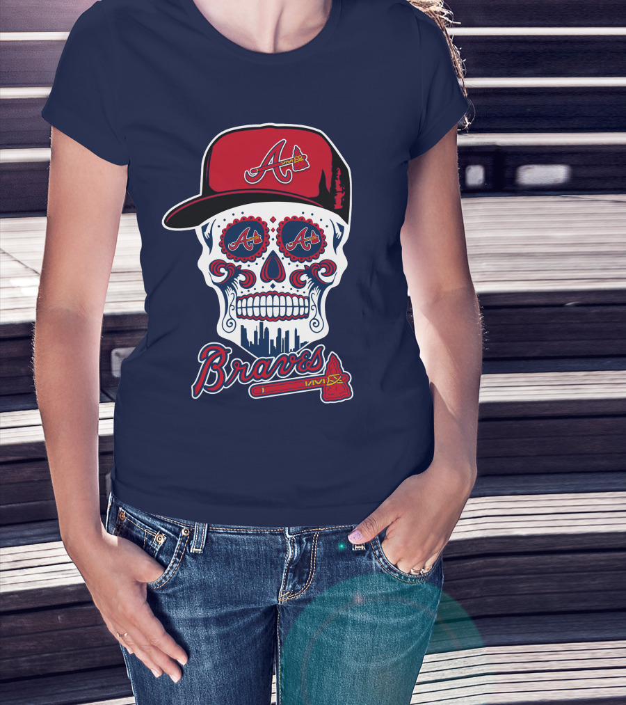 Atlanta Braves Skull With Baseball Cap And Tomahawk T-Shirt
