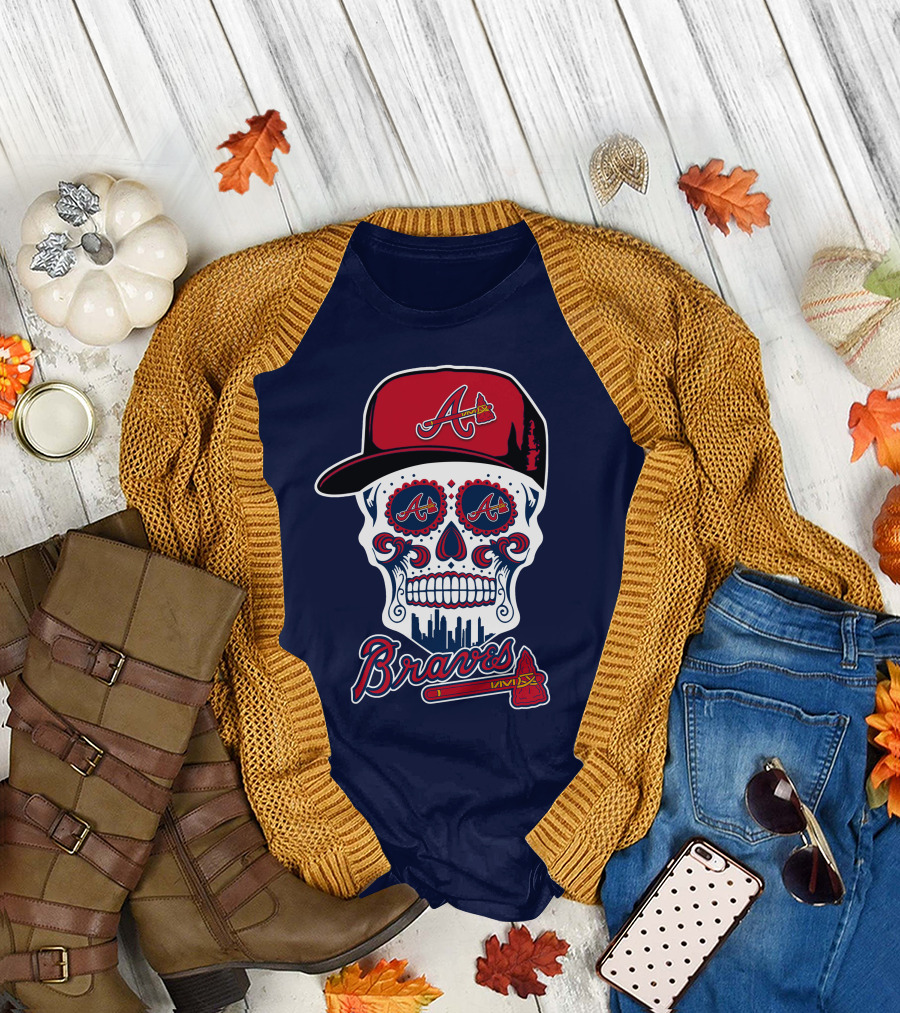 Atlanta Braves Skull With Baseball Cap And Tomahawk T-Shirt