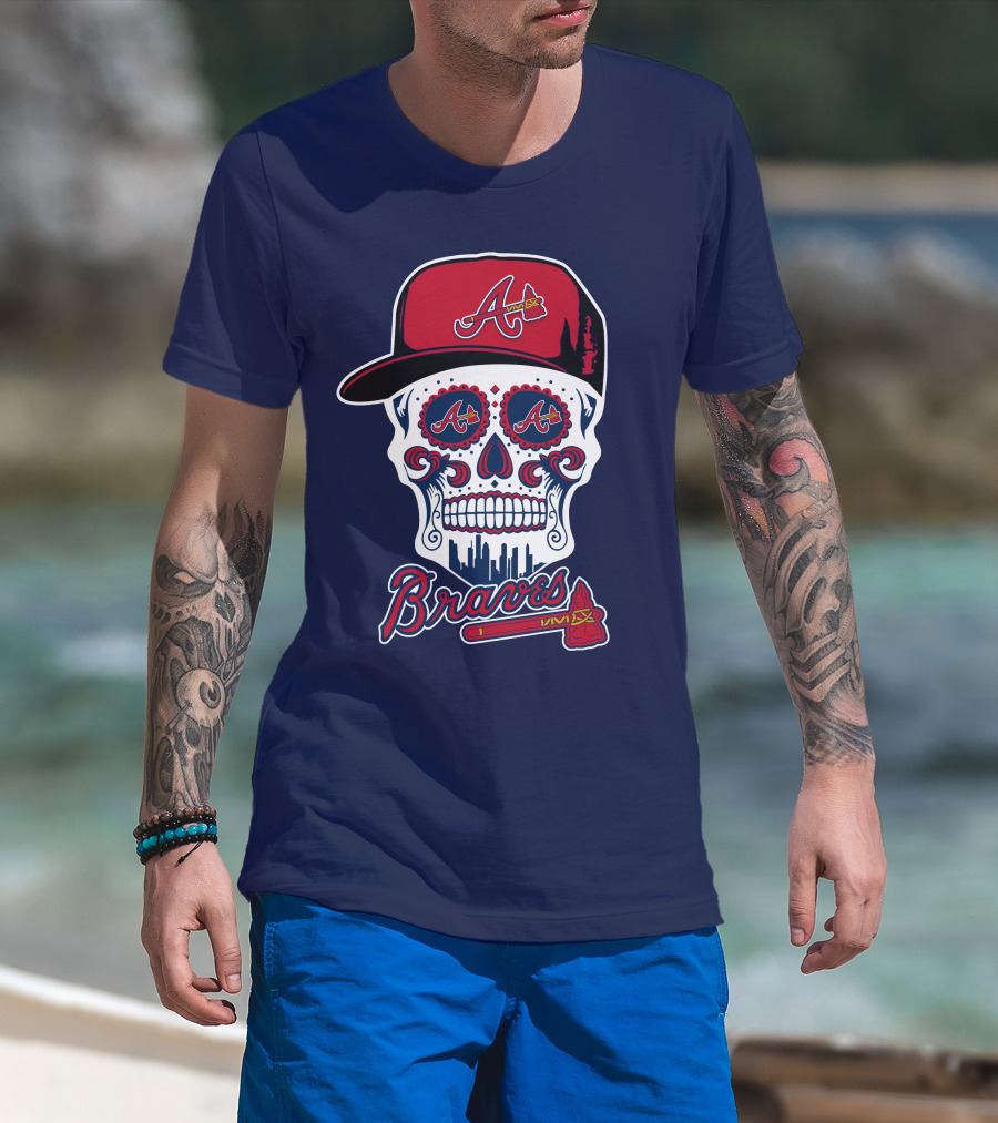 Atlanta Braves Skull With Baseball Cap And Tomahawk T-Shirt