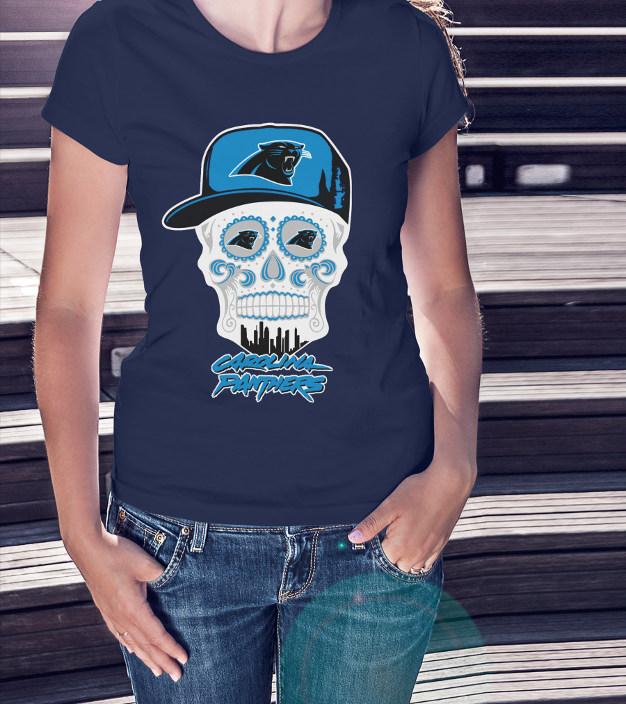 Carolina Panthers Skull Design With Panther Eyes And Cap T-Shirt