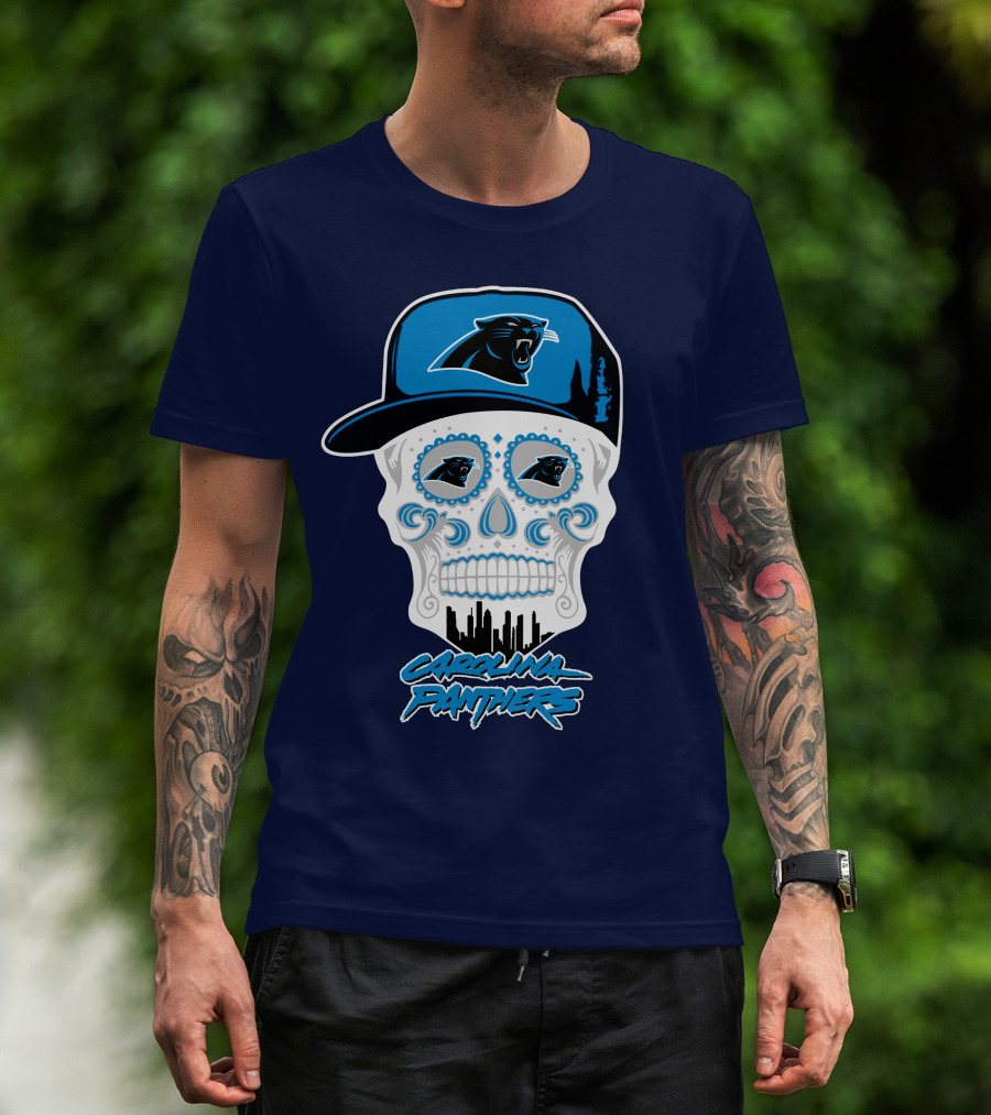 Carolina Panthers Skull Design With Panther Eyes And Cap T-Shirt