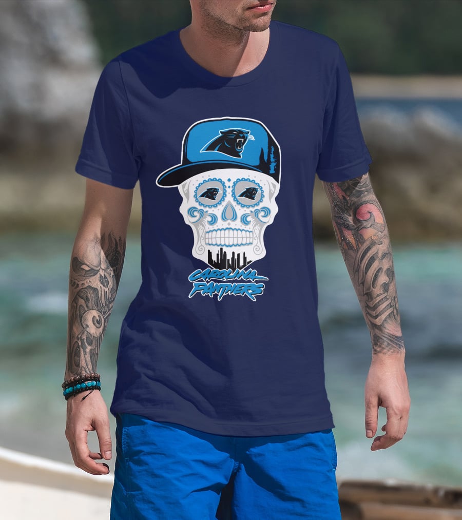 Carolina Panthers Skull Design With Panther Eyes And Cap T-Shirt