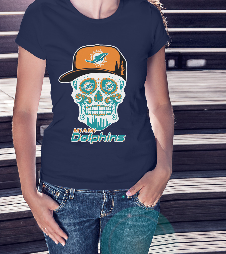 Miami Dolphins Sugar Skull Cap Art T-Shirt