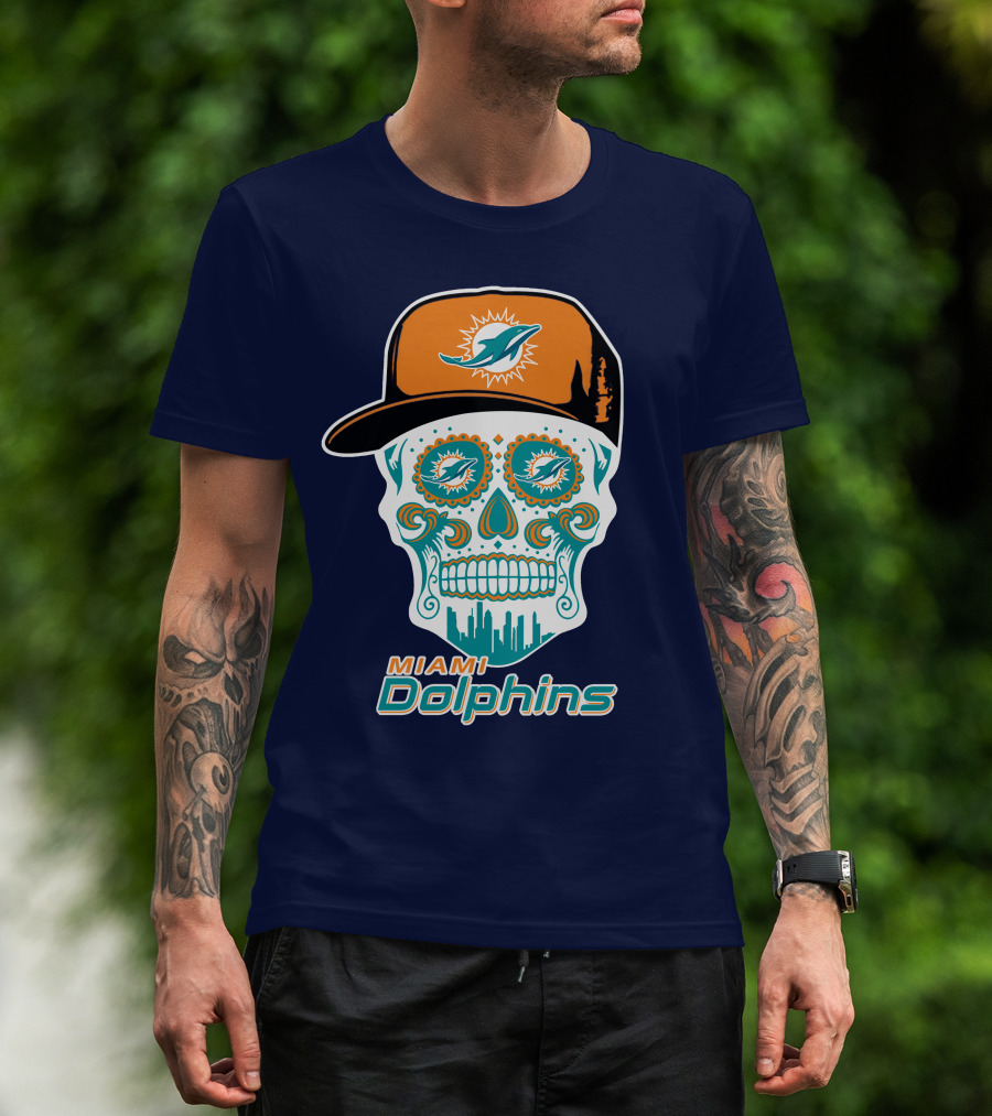 Miami Dolphins Sugar Skull Cap Art T-Shirt