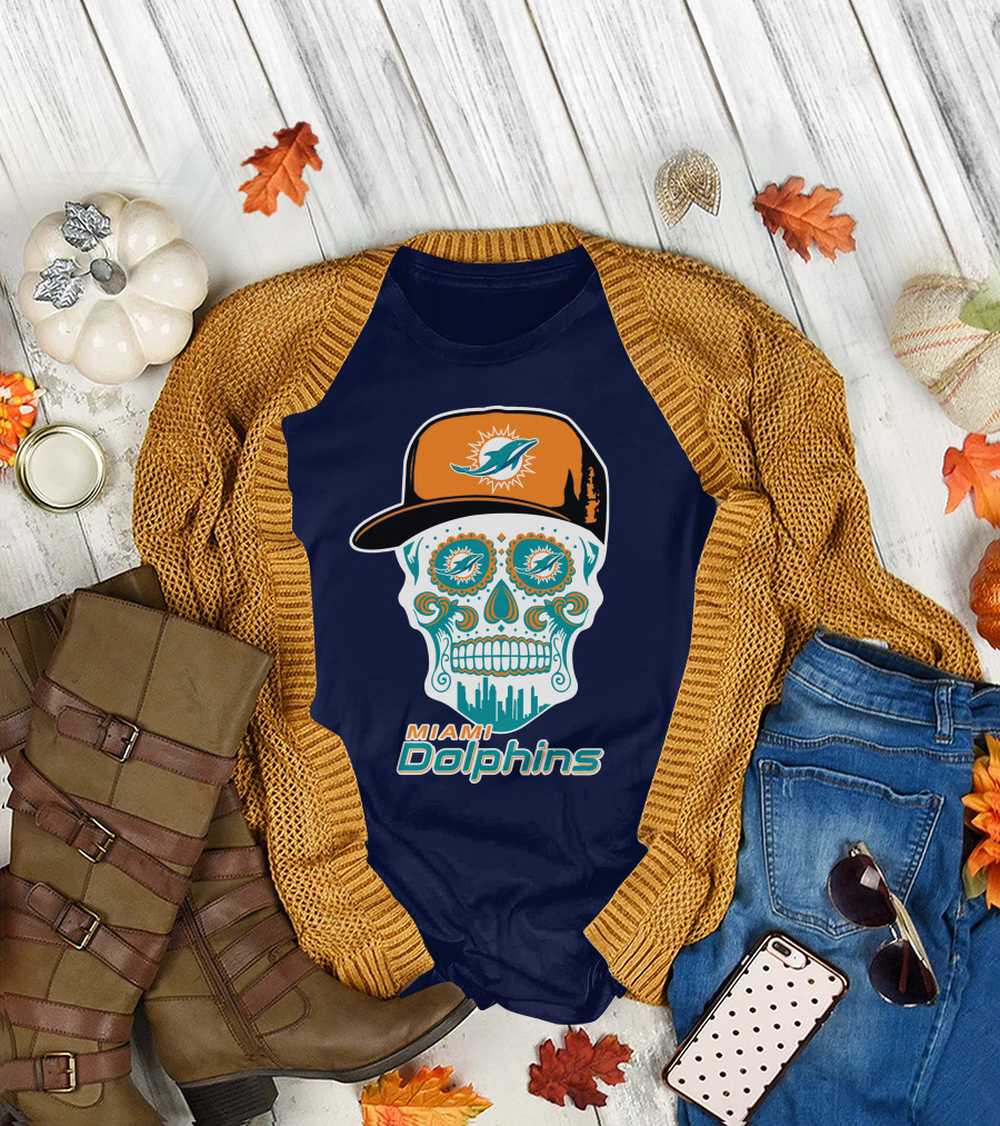 Miami Dolphins Sugar Skull Cap Art T-Shirt