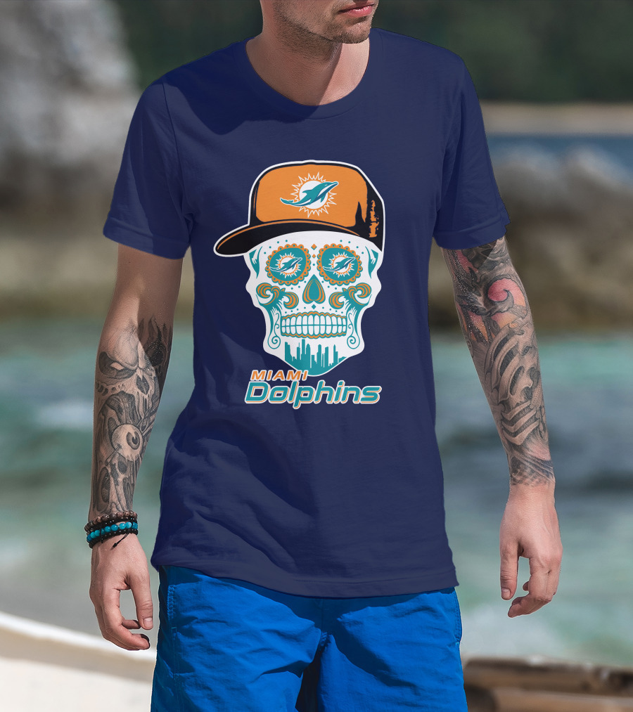 Miami Dolphins Sugar Skull Cap Art T-Shirt