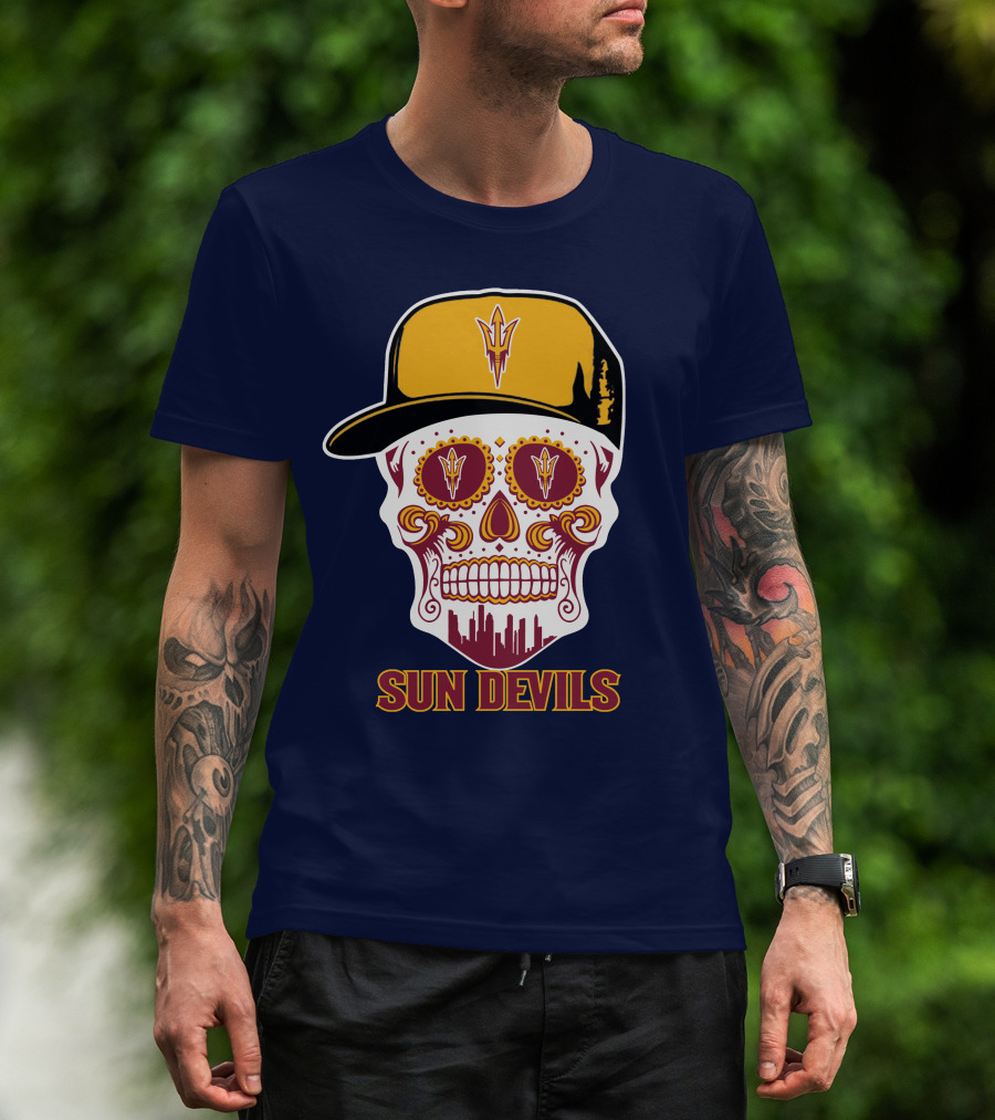Sun Devils Sugar Skull With Arizona State Emblem Baseball Cap T-Shirt