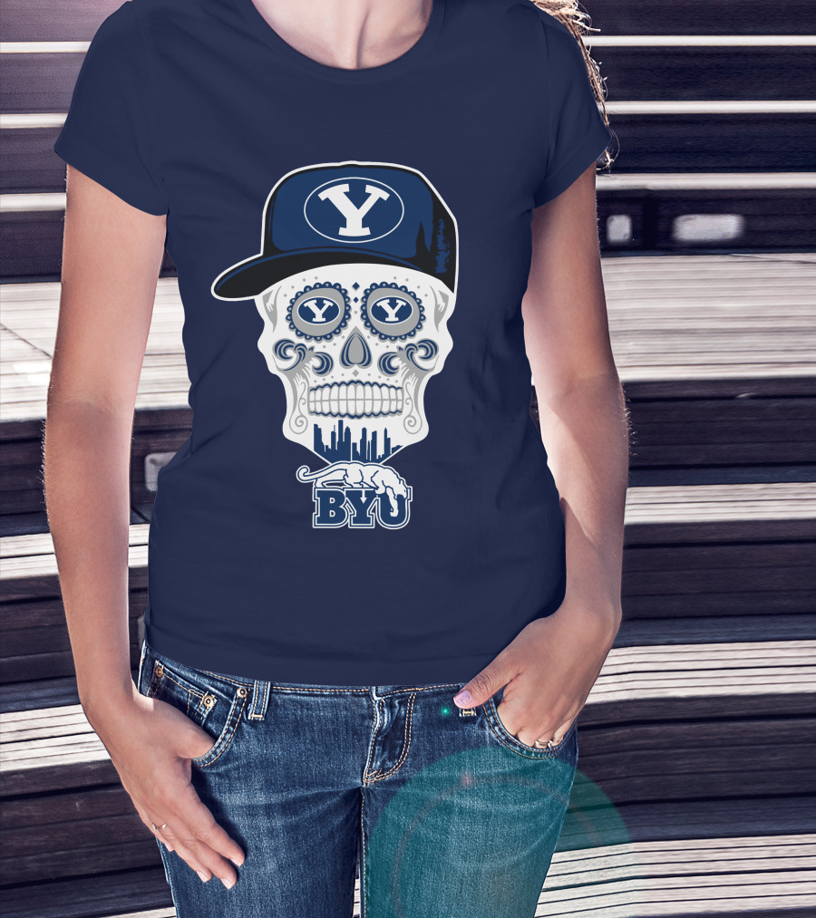 Byu Cougars Skull With Y Hat And Cityscape T-Shirt