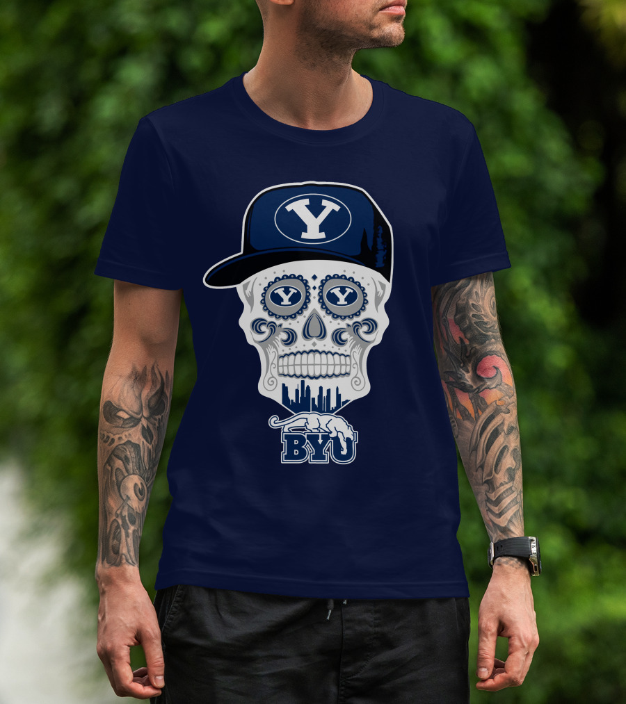 Byu Cougars Skull With Y Hat And Cityscape T-Shirt