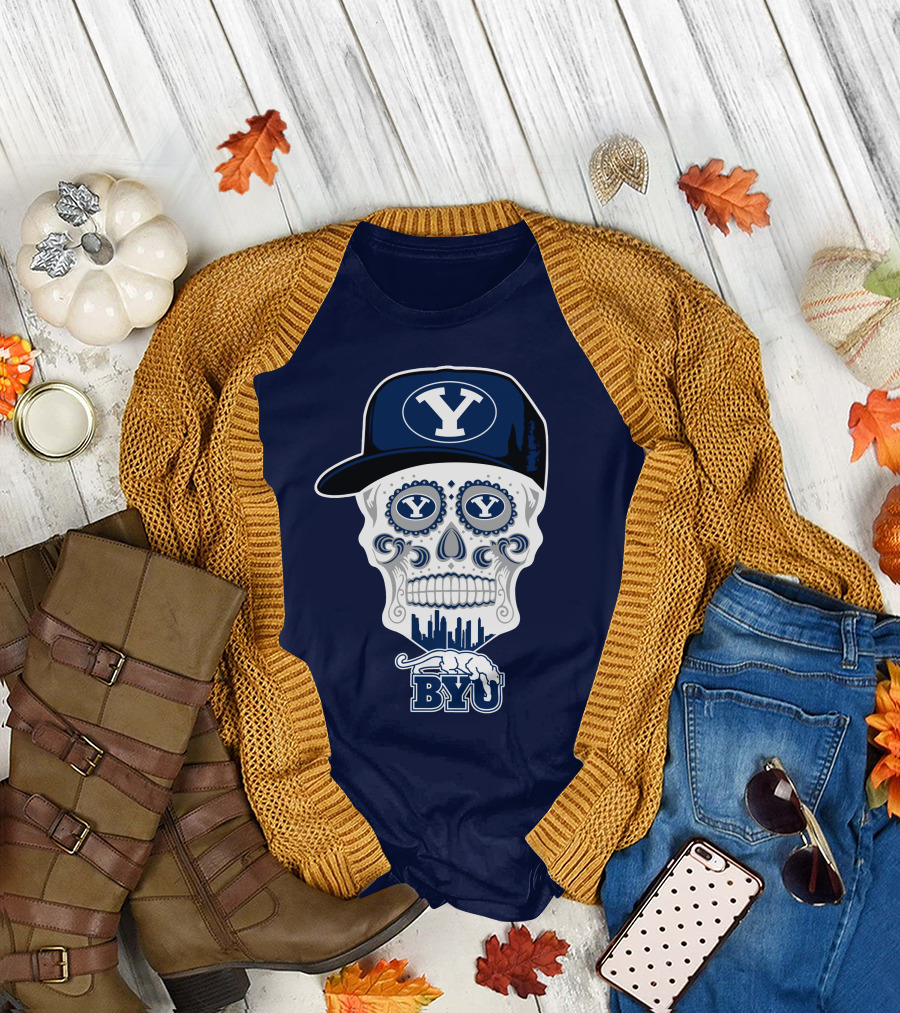 Byu Cougars Skull With Y Hat And Cityscape T-Shirt