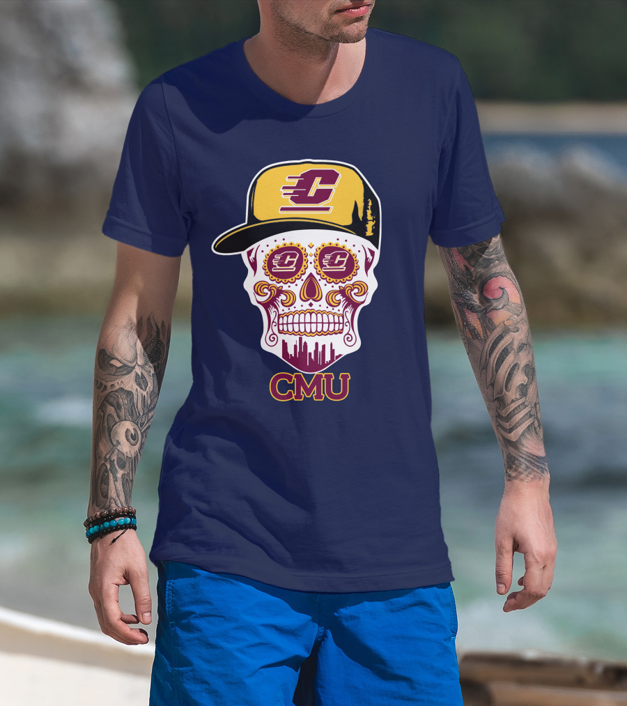 Cmu Central Michigan Chippewas Skull Logo With Cap And City Skyline T-Shirt