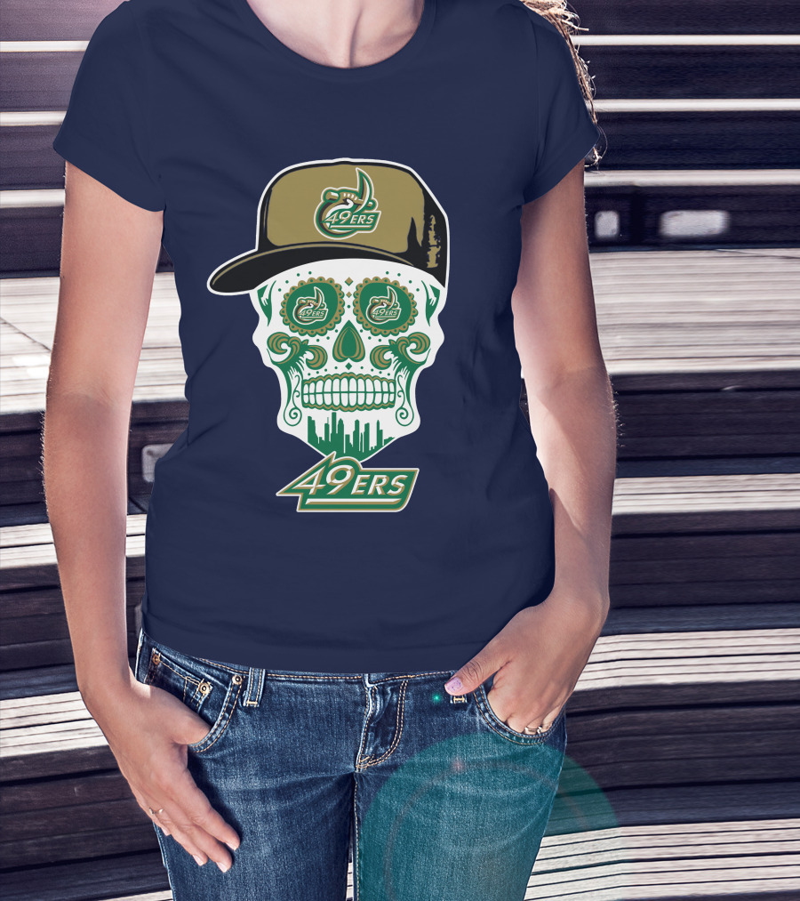 Charlotte 49ers Sugar Skull Green And Gold Logo With Hat T-Shirt