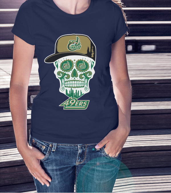Charlotte 49ers Sugar Skull Green And Gold Logo With Hat T-Shirt