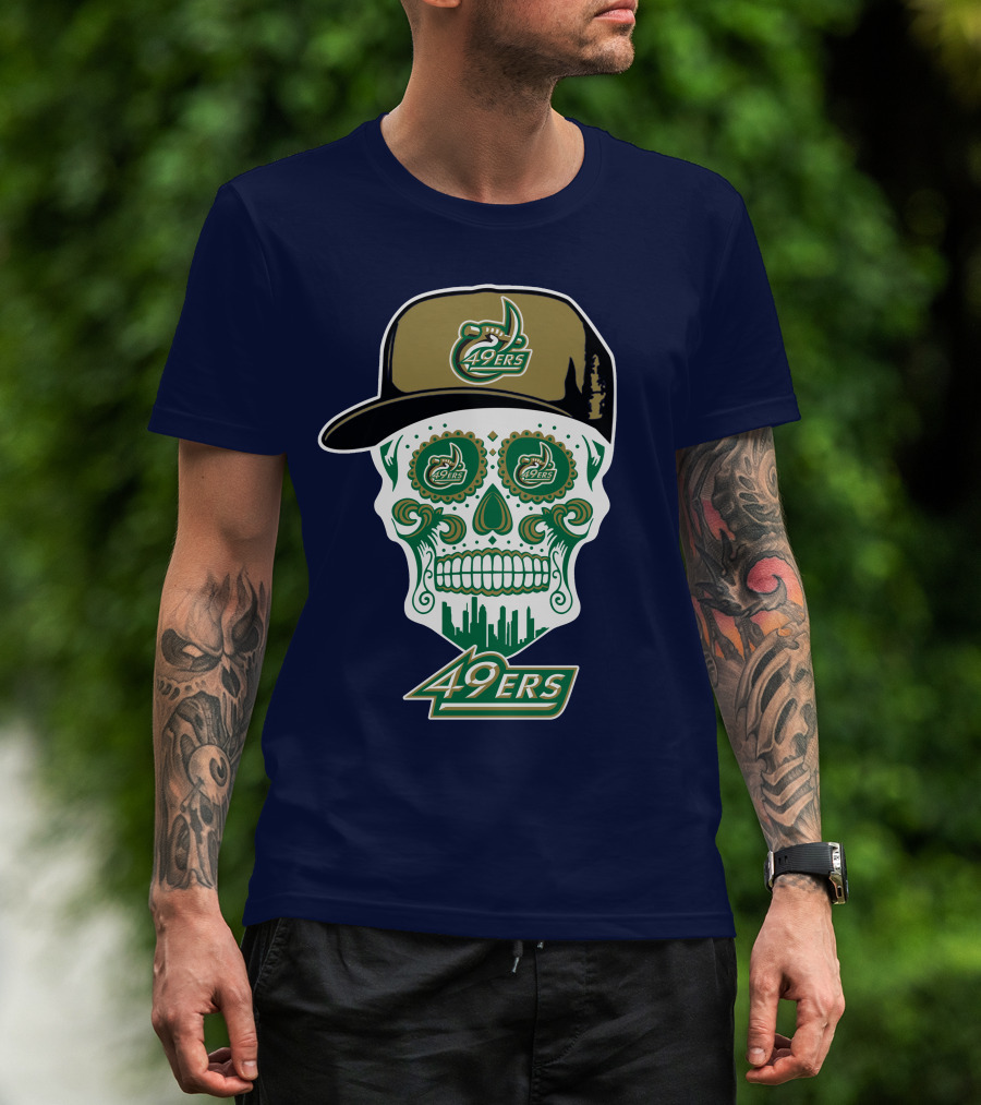 Charlotte 49ers Sugar Skull Green And Gold Logo With Hat T-Shirt