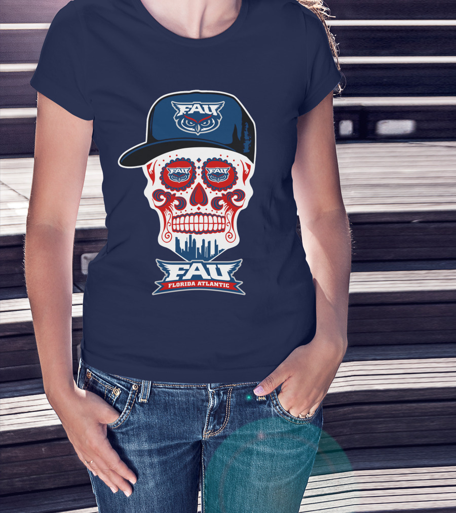 Fau Florida Atlantic Owls Sugar Skull With Cap T-Shirt
