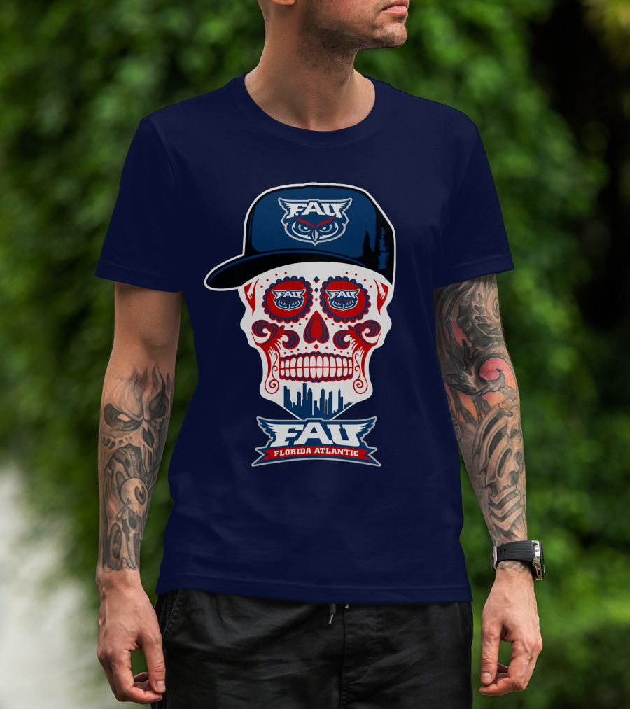 Fau Florida Atlantic Owls Sugar Skull With Cap T-Shirt