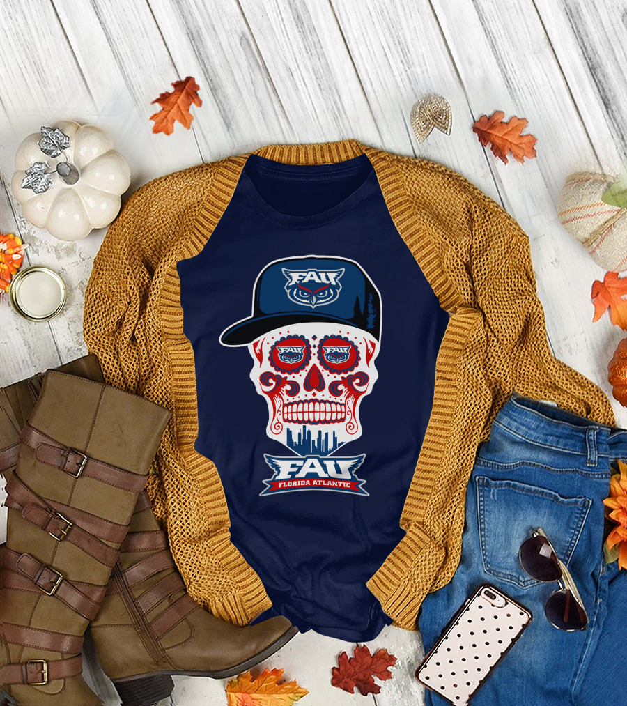 Fau Florida Atlantic Owls Sugar Skull With Cap T-Shirt