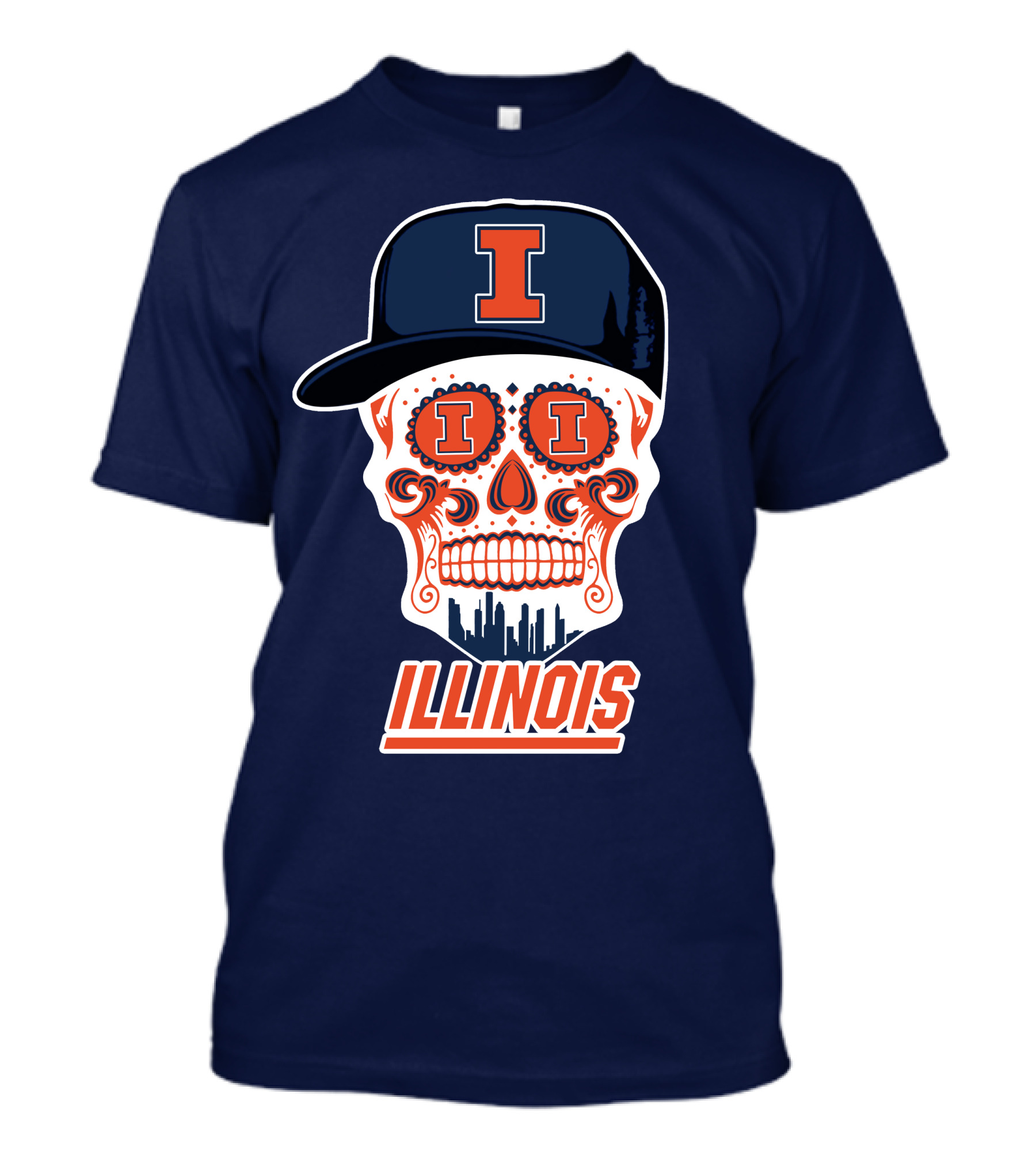 Illinois Fighting Illini Skull With Cap And Skyline T-Shirt