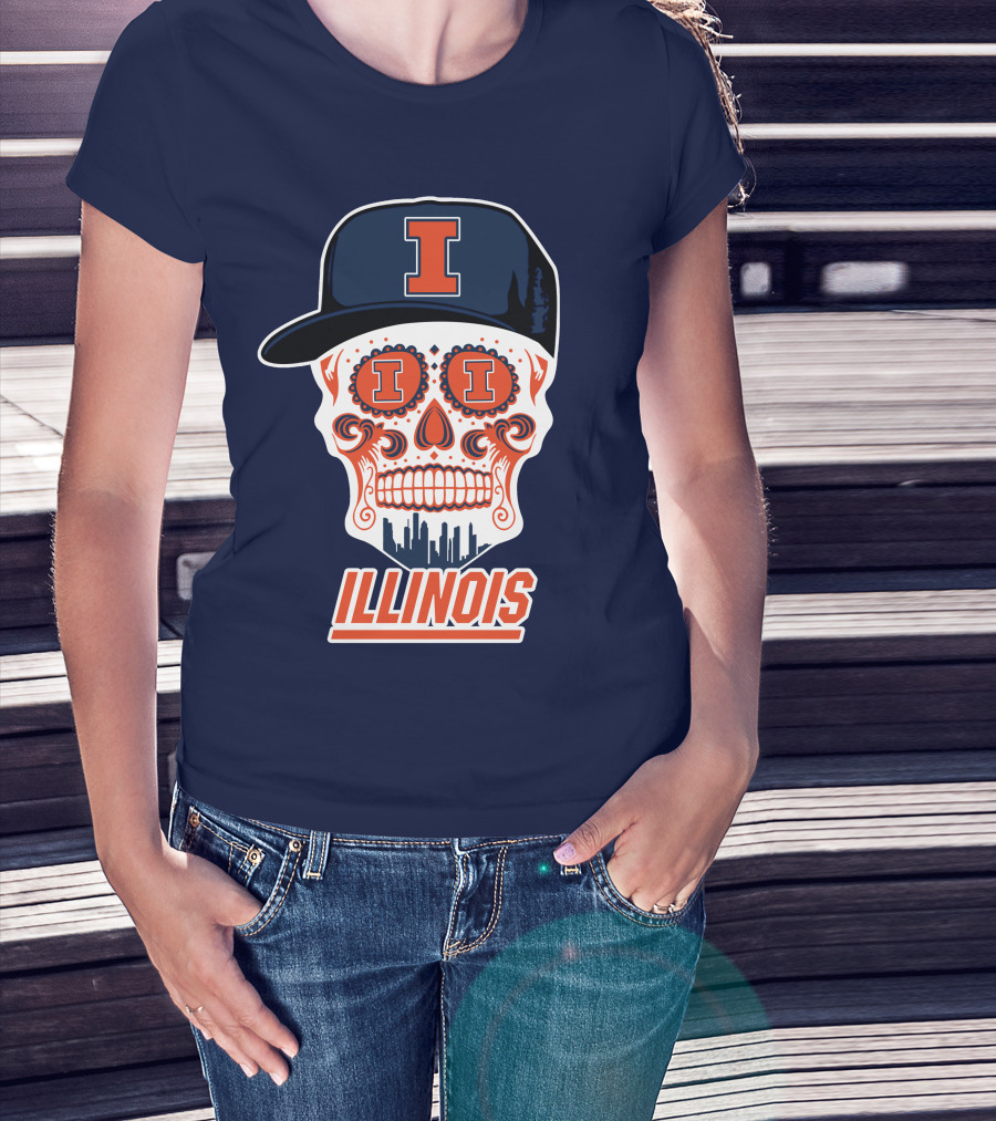 Illinois Fighting Illini Skull With Cap And Skyline T-Shirt
