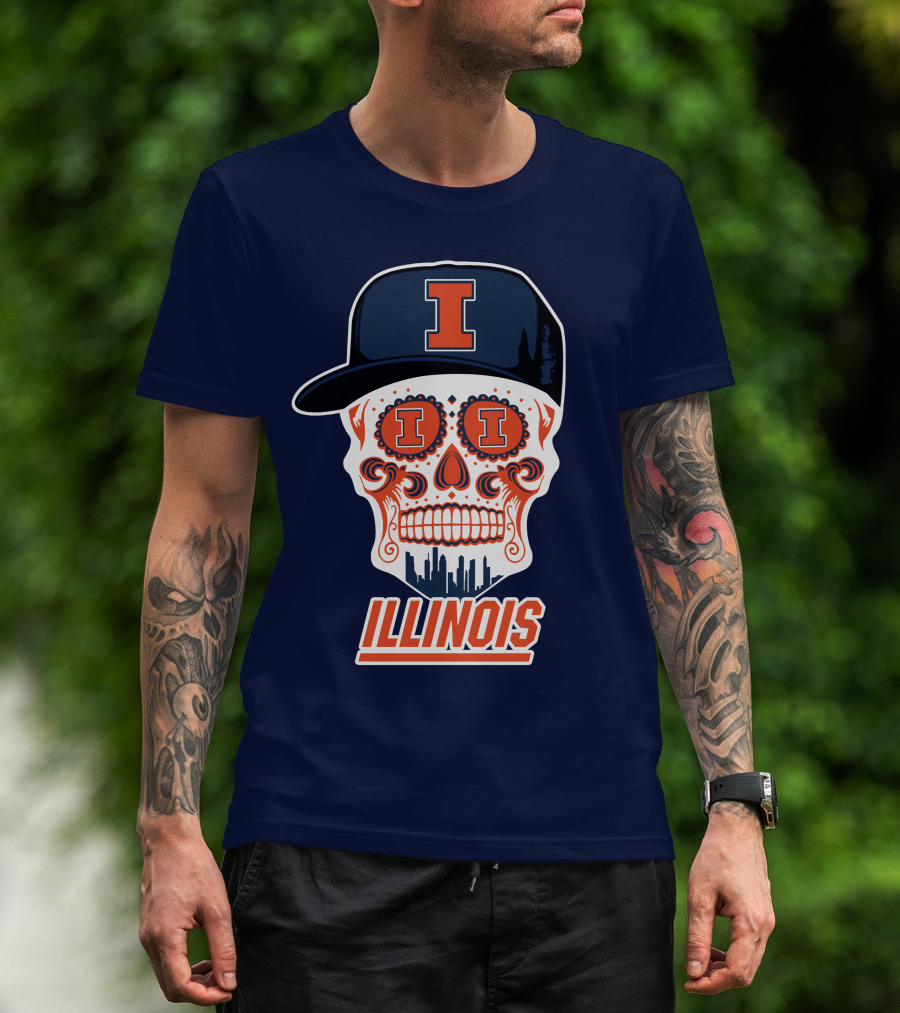 Illinois Fighting Illini Skull With Cap And Skyline T-Shirt