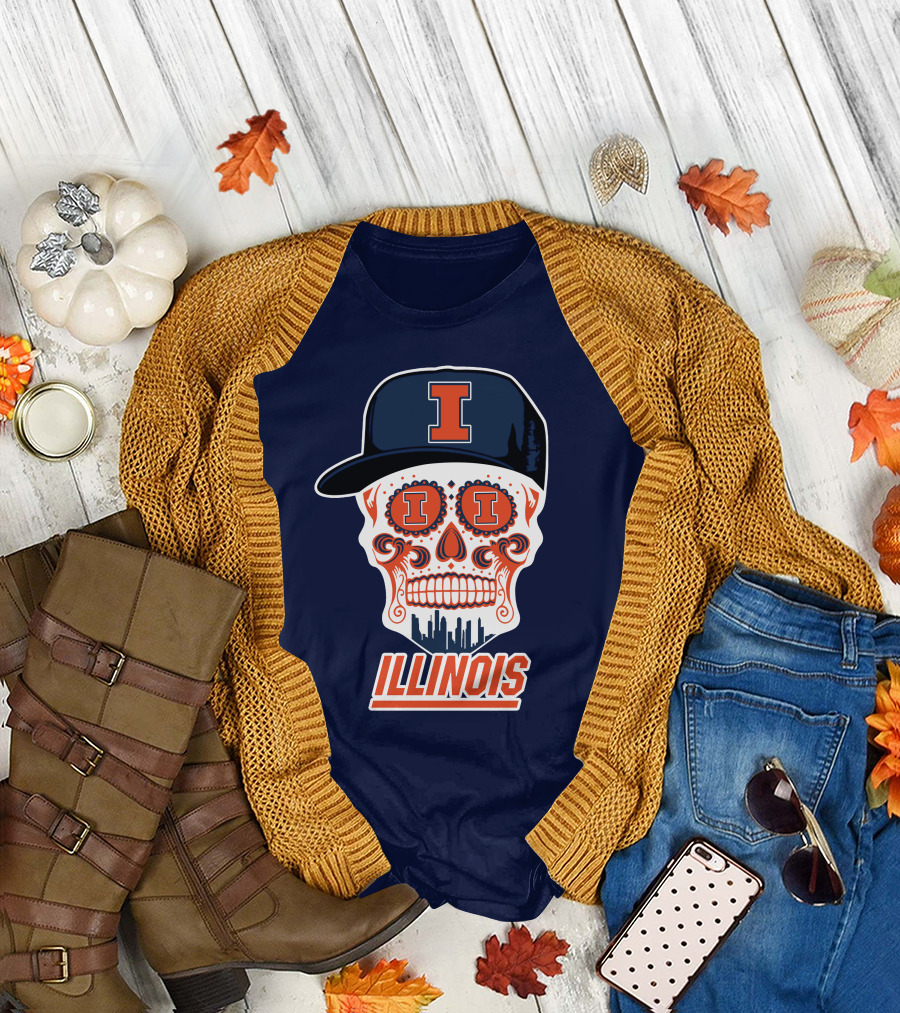 Illinois Fighting Illini Skull With Cap And Skyline T-Shirt