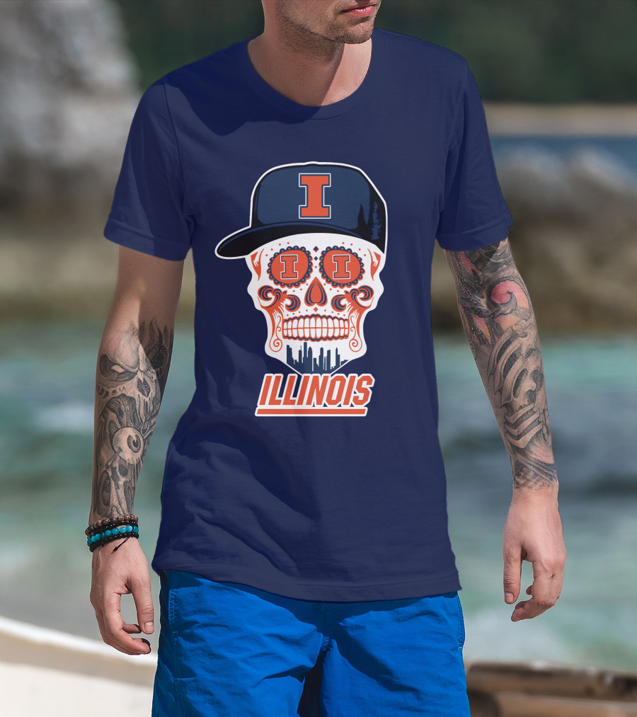 Illinois Fighting Illini Skull With Cap And Skyline T-Shirt