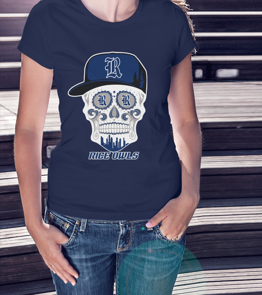 Rice Owls Skull With Cap And City Skyline T-Shirt