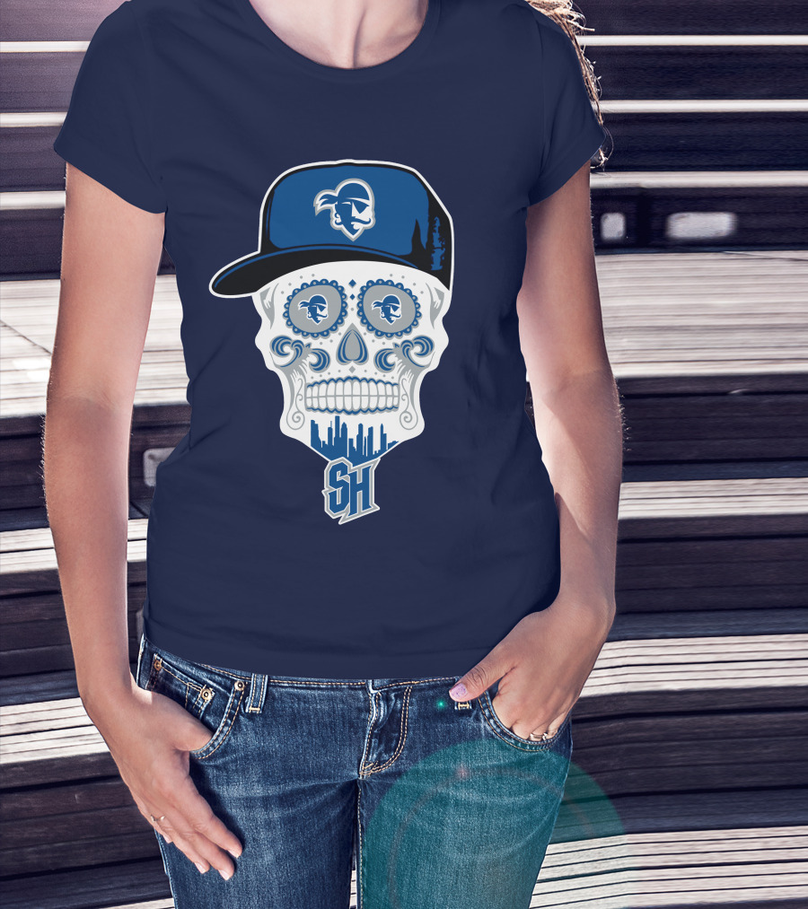 Seton Hall Pirates Sugar Skull Design With Pirate Cap And Sh T-Shirt