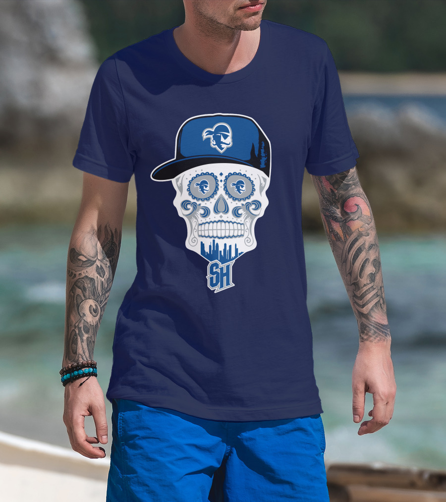 Seton Hall Pirates Sugar Skull Design With Pirate Cap And Sh T-Shirt