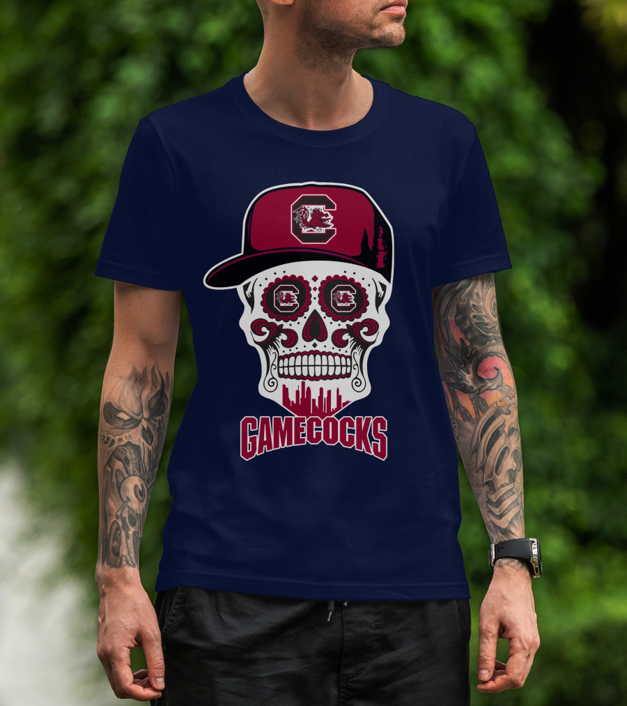 South Carolina Gamecocks Skull Design With Hat And Icons T-Shirt