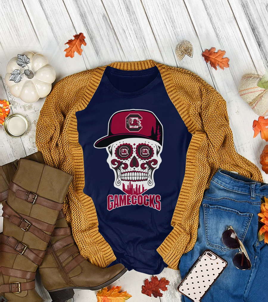 South Carolina Gamecocks Skull Design With Hat And Icons T-Shirt