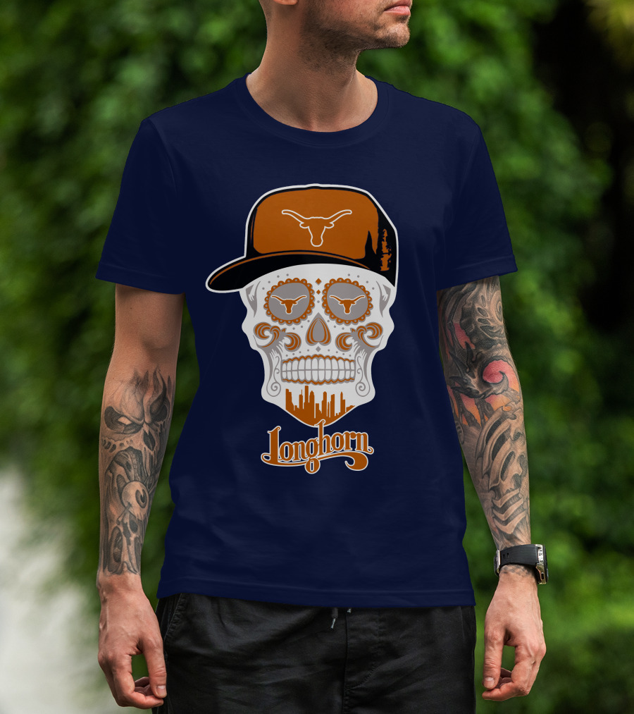 Longhorns Skull With Texas Longhorns Cap And Austin Skyline T-Shirt