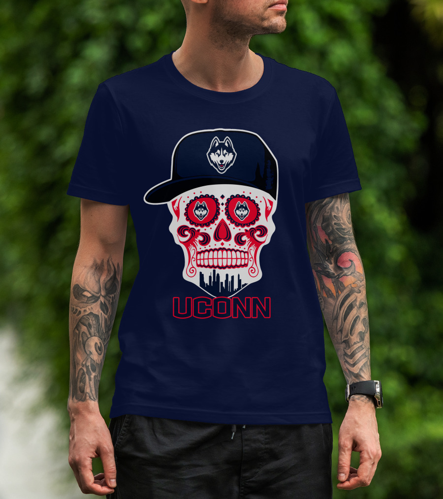 Uconn Huskies Sugar Skull With Hat T-Shirt