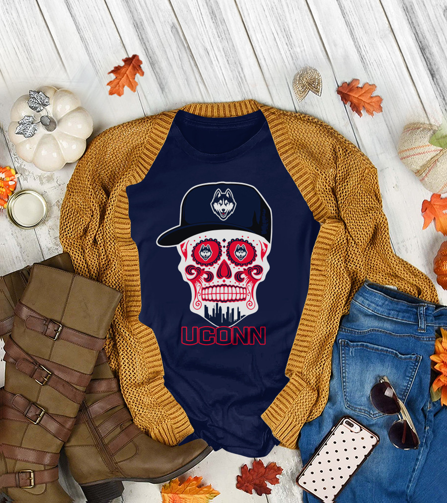 Uconn Huskies Sugar Skull With Hat T-Shirt