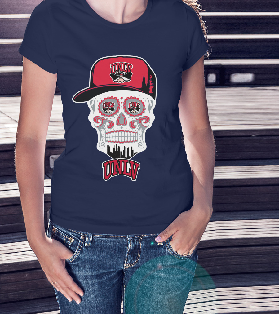 Unlv Rebels Skull With Cap Design Featuring Mascot Logo And Skyline T-Shirt