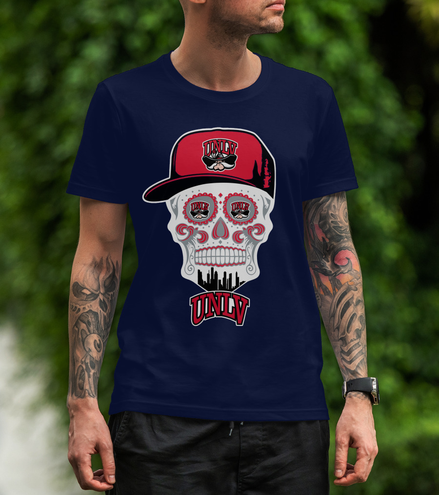 Unlv Rebels Skull With Cap Design Featuring Mascot Logo And Skyline T-Shirt